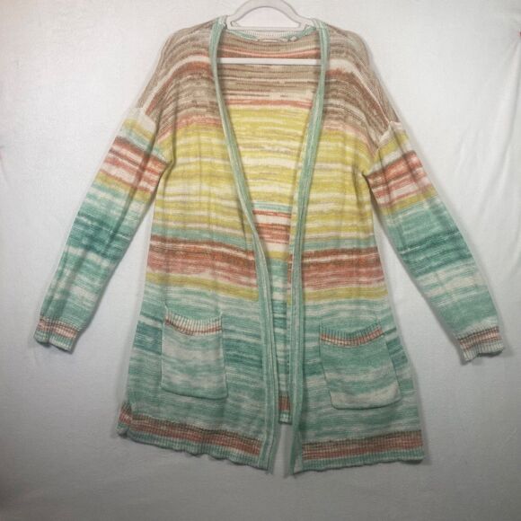 Soft Surroundings Juniper Aqua Multi Stripe Cardigan Women’s Medium Open Front - Picture 1 of 9
